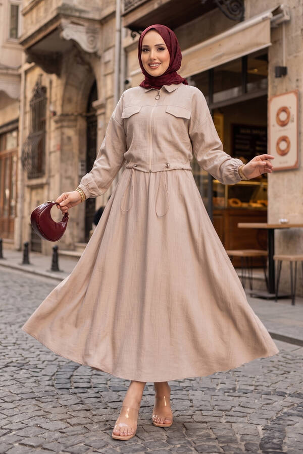 MD - Crop Ceket Etekli Spor Takım Bej