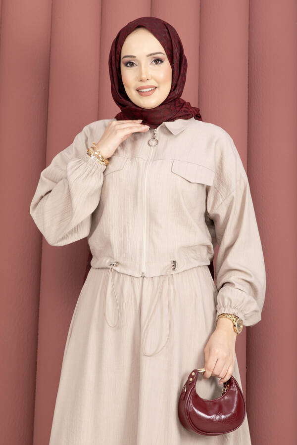 MD - Crop Ceket Etekli Spor Takım Bej (1)