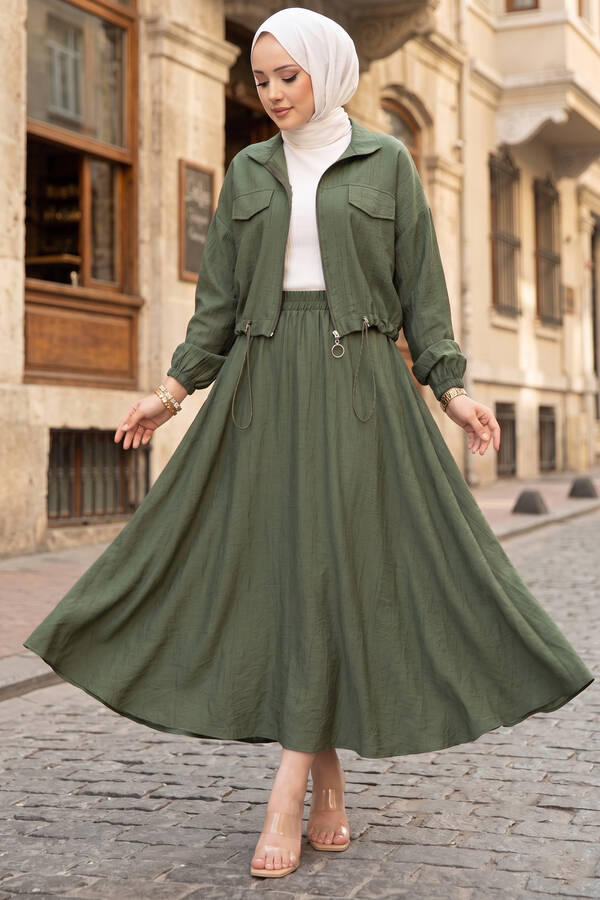 MD - Crop Ceket Etekli Spor Takım Haki