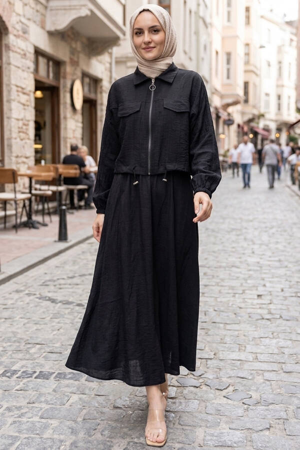 MD - Crop Ceket Etekli Spor Takım Siyah (1)