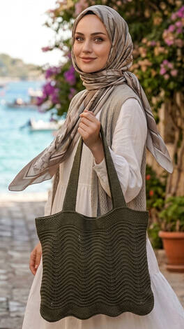 Dalga Desenli Örme Yaz Çantası Haki