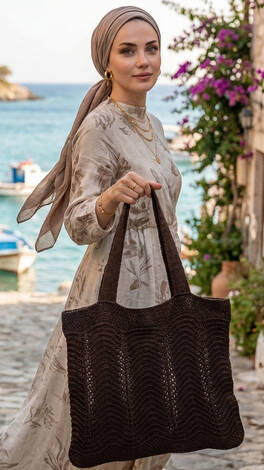 Dalga Desenli Örme Yaz Çantası Kahve
