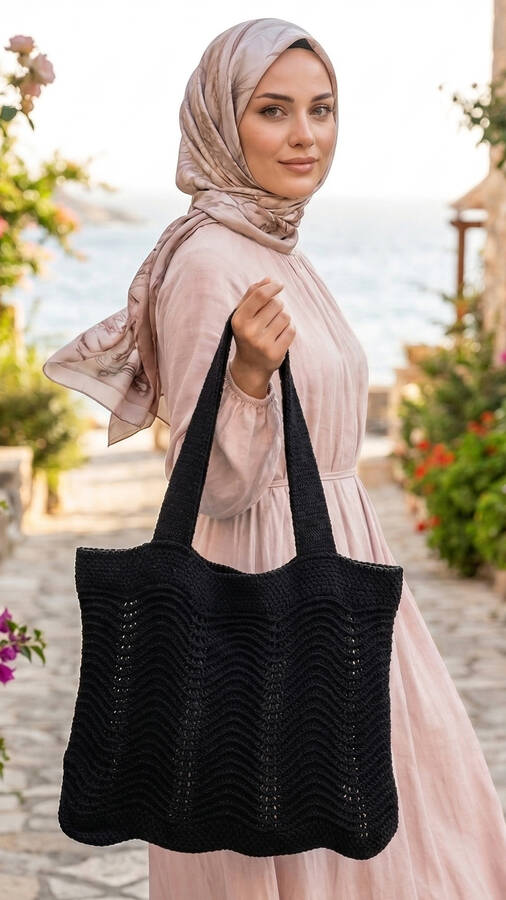 Krd - Dalga Desenli Örme Yaz Çantası Siyah