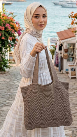 Dalga Desenli Örme Yaz Çantası Vizon