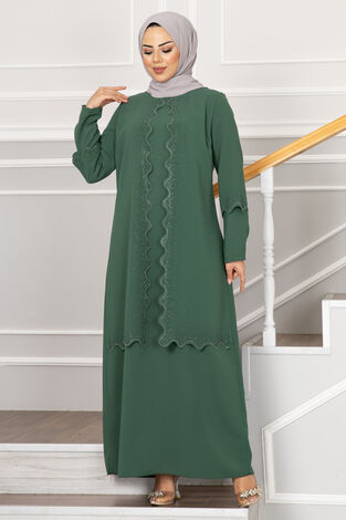 Dalgalı Cepkenli Tesettür Elbise Yeşil - Thumbnail