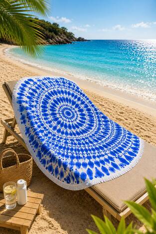 Damla Desen Plaj Havlusu Mavi - Thumbnail