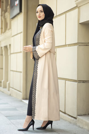 Dantel Detalı Abaya Krem - Thumbnail