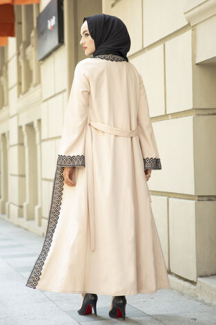 Dantel Detalı Abaya Krem - Thumbnail