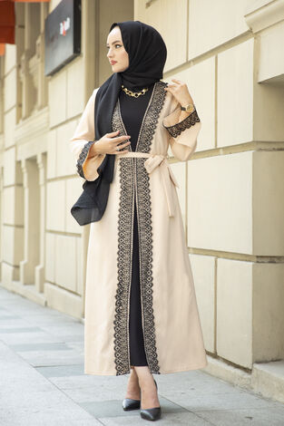 Dantel Detalı Abaya Krem - Thumbnail
