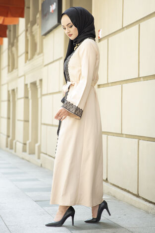 Dantel Detalı Abaya Krem - Thumbnail
