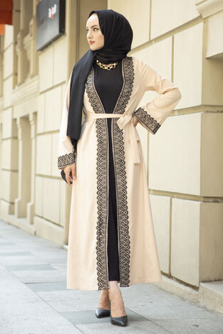 Dantel Detalı Abaya Krem - Thumbnail