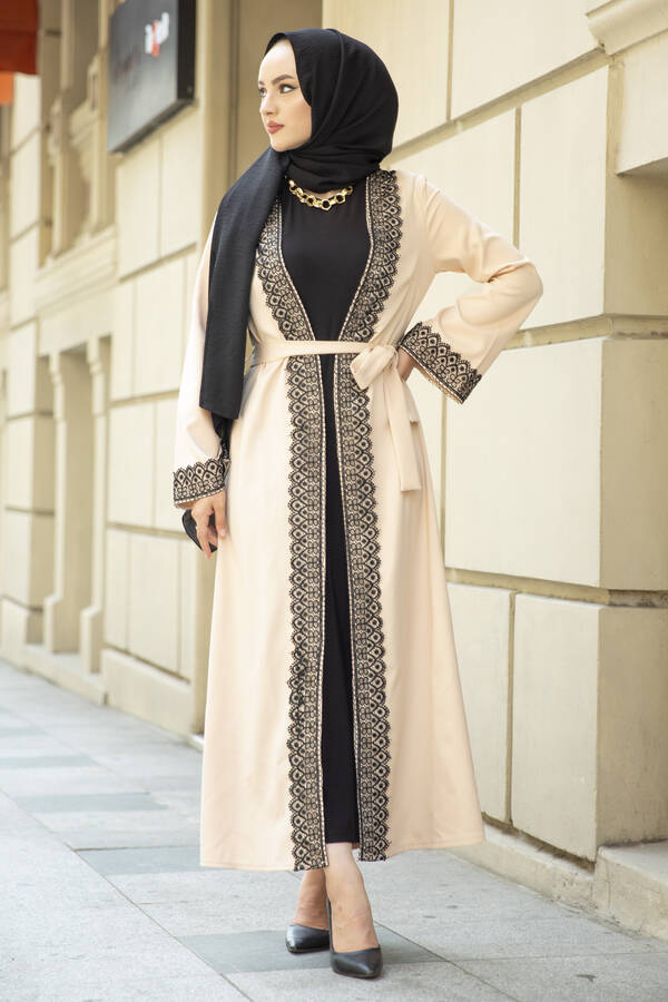 E - Dantel Detalı Abaya Krem