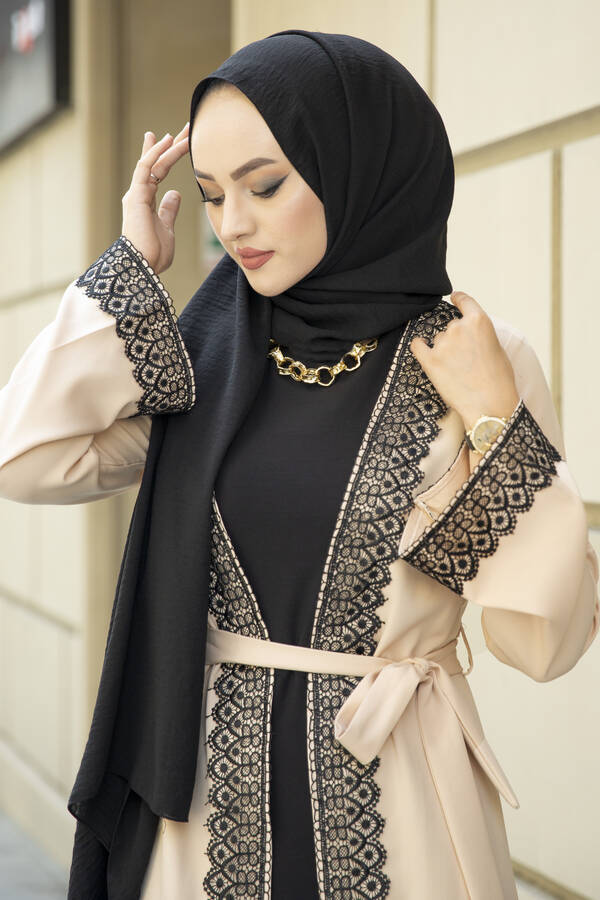 E - Dantel Detalı Abaya Krem (1)