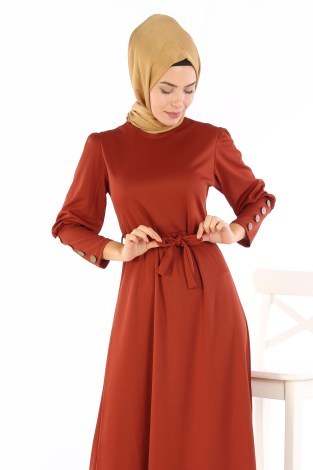 Tahta Düğmeli Kuşaklı Elbise EL1596-04 - Thumbnail