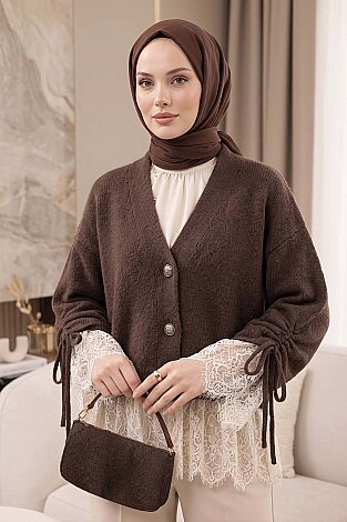 Dantel Detaylı Kolları Bağlamalı Triko Hırka Kahve - 2