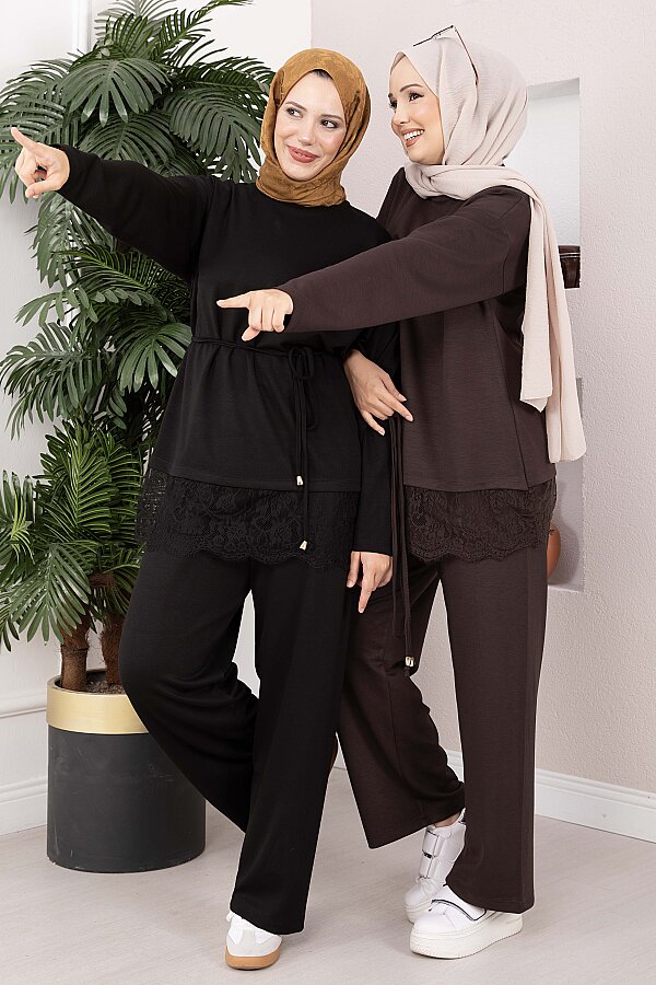 Dantel Detaylı Pantolonlu İkili Oyşo Takım Kahve - 3