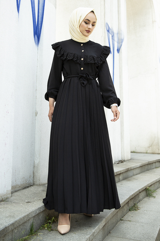 Dantel Detayli Pliseli Tesettür Elbise 350TH-03017 Siyah - Thumbnail