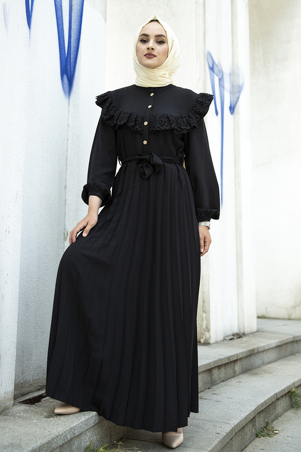 Dantel Detayli Pliseli Tesettür Elbise 350TH-03017 Siyah