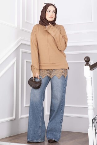 Dantel Detaylı Triko Kazak Camel - 3