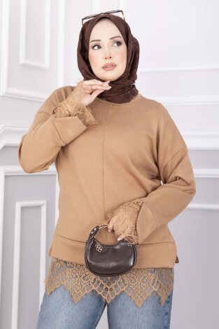 Dantel Detaylı Triko Kazak Camel - 2
