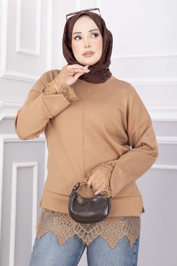 Dantel Detaylı Triko Kazak Camel (1)