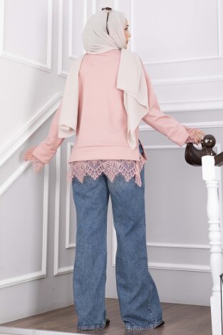 Dantel Detaylı Triko Kazak Pudra - 4