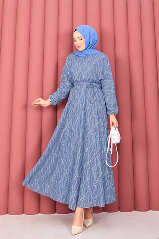 Dantel Dokulu Seyyar Kuşaklı Tesettür Elbise İndigo - Thumbnail