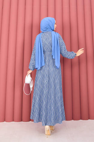 Dantel Dokulu Seyyar Kuşaklı Tesettür Elbise İndigo - Thumbnail