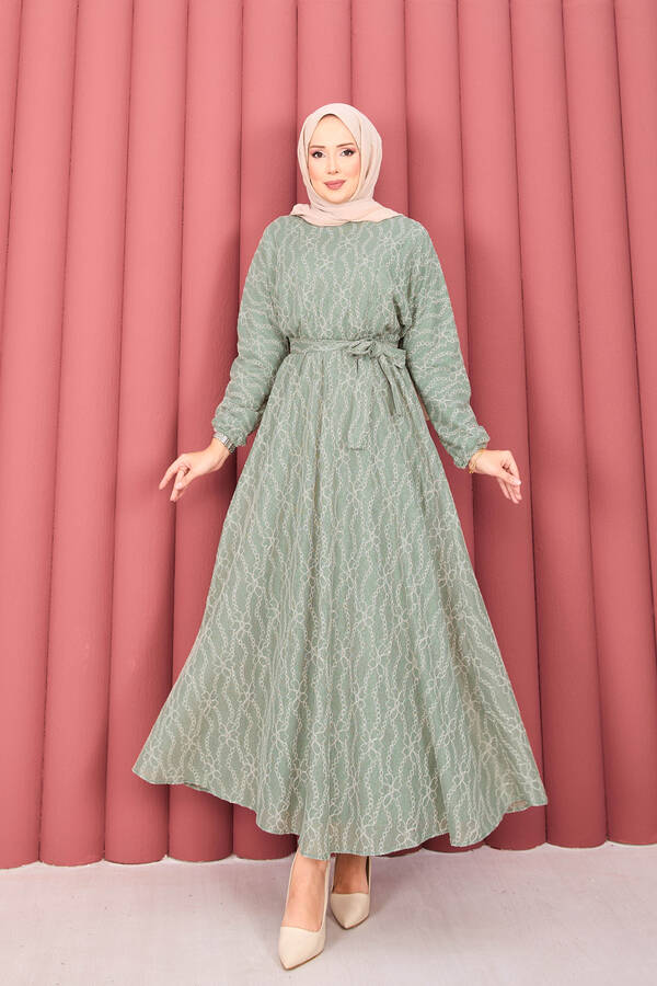 MD - Dantel Dokulu Seyyar Kuşaklı Tesettür Elbise Mint