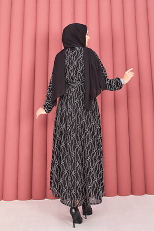 Dantel Dokulu Seyyar Kuşaklı Tesettür Elbise Siyah - Thumbnail