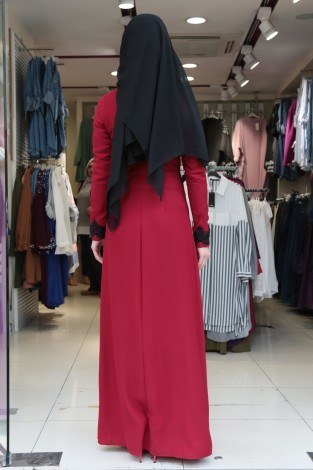 Dantel-Pul Detaylı Abiye Elbise 15046-5 Kırmızı - Thumbnail