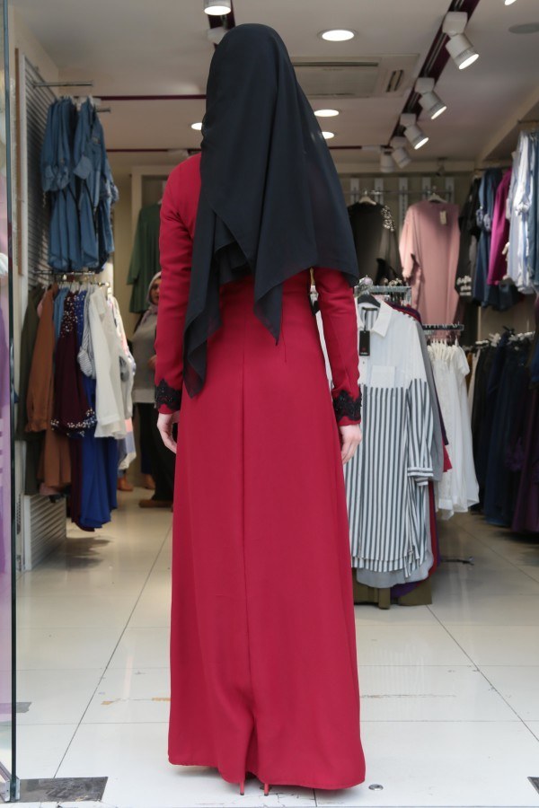 Dantel-Pul Detaylı Abiye Elbise 15046-5 Kırmızı
