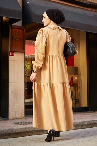 Dantel Yaka Fisto Tesettür Elbise 190E-1405 Camel - Thumbnail