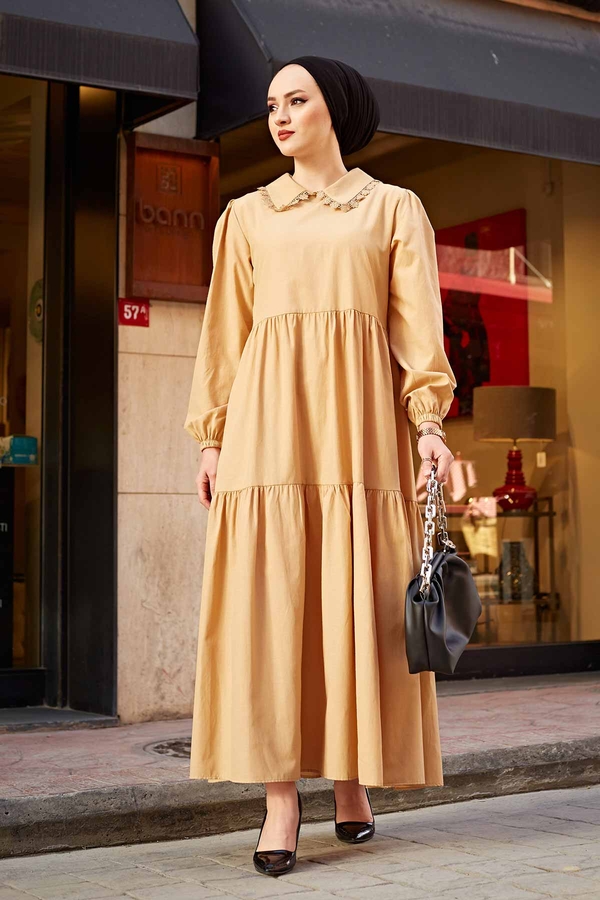 Dantel Yaka Fisto Tesettür Elbise 190E-1405 Camel