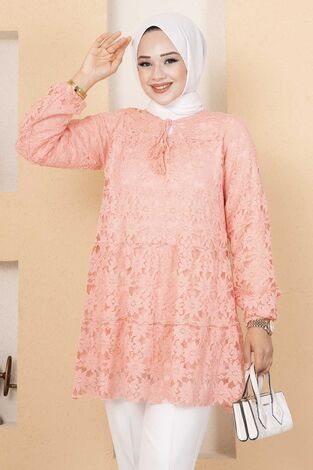 Dantelli Tunik Pembe - Thumbnail