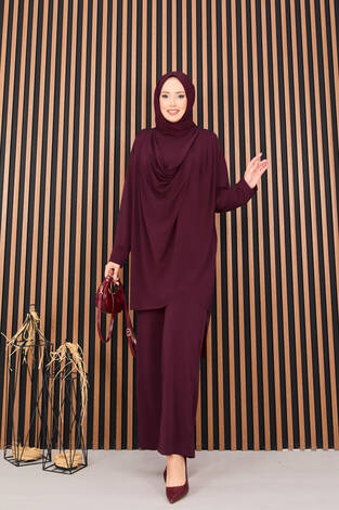 Degaje Dökümlü Sandy Tesettür İkili Takım Bordo