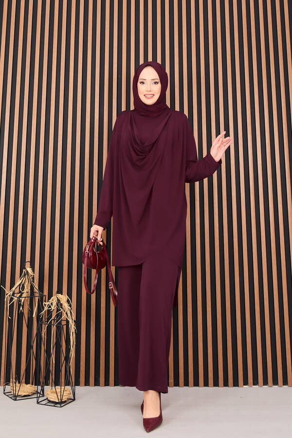 Özk - Degaje Dökümlü Sandy Tesettür İkili Takım Bordo