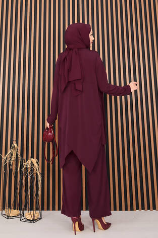 Degaje Dökümlü Sandy Tesettür İkili Takım Bordo - Thumbnail