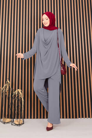 Degaje Dökümlü Sandy Tesettür İkili Takım Gri - Thumbnail