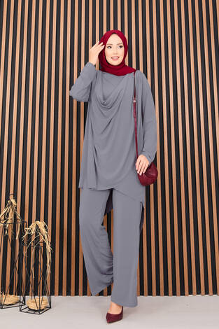 Degaje Dökümlü Sandy Tesettür İkili Takım Gri - Thumbnail