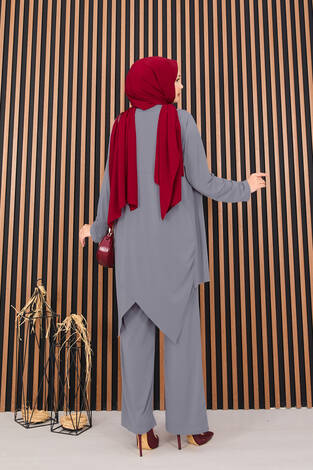 Degaje Dökümlü Sandy Tesettür İkili Takım Gri - Thumbnail