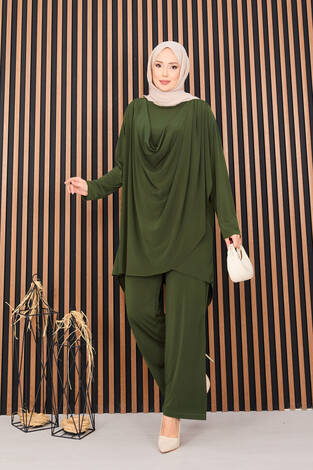 Degaje Dökümlü Sandy Tesettür İkili Takım Haki - Thumbnail