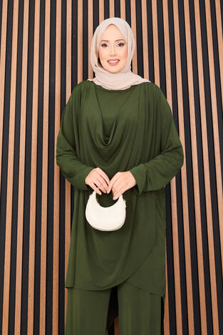 Degaje Dökümlü Sandy Tesettür İkili Takım Haki - Thumbnail