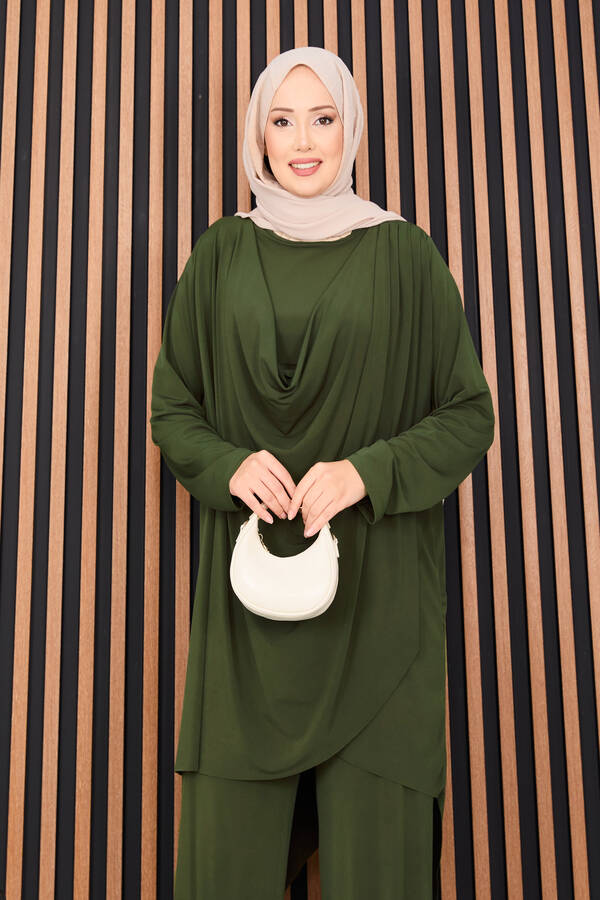 Özk - Degaje Dökümlü Sandy Tesettür İkili Takım Haki (1)