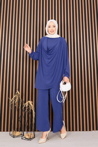 Degaje Dökümlü Sandy Tesettür İkili Takım İndigo - Thumbnail