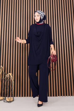 Degaje Dökümlü Sandy Tesettür İkili Takım Lacivert
