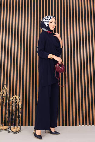 Degaje Dökümlü Sandy Tesettür İkili Takım Lacivert - Thumbnail