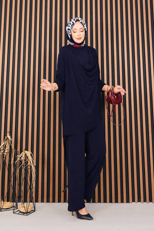 Degaje Dökümlü Sandy Tesettür İkili Takım Lacivert - Thumbnail