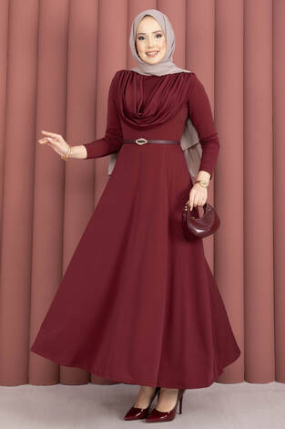Degaje Yaka Beli Kemerli Sandy Elbise Bordo - Thumbnail