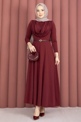 Degaje Yaka Beli Kemerli Sandy Elbise Bordo - Thumbnail